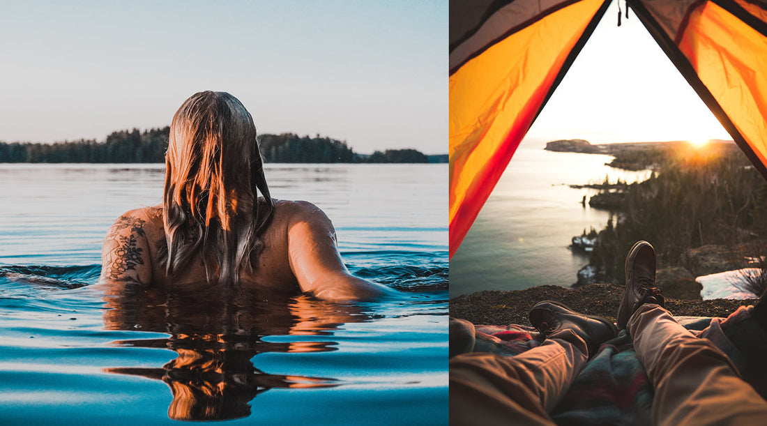 two images showing a wild swimmer and a person relaxing in a tent looking out over a lake