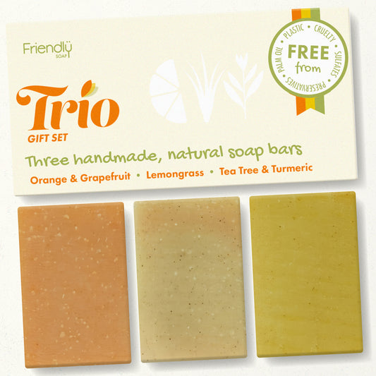 Friendly Trio gift set packaging with 3 bars on a white background
