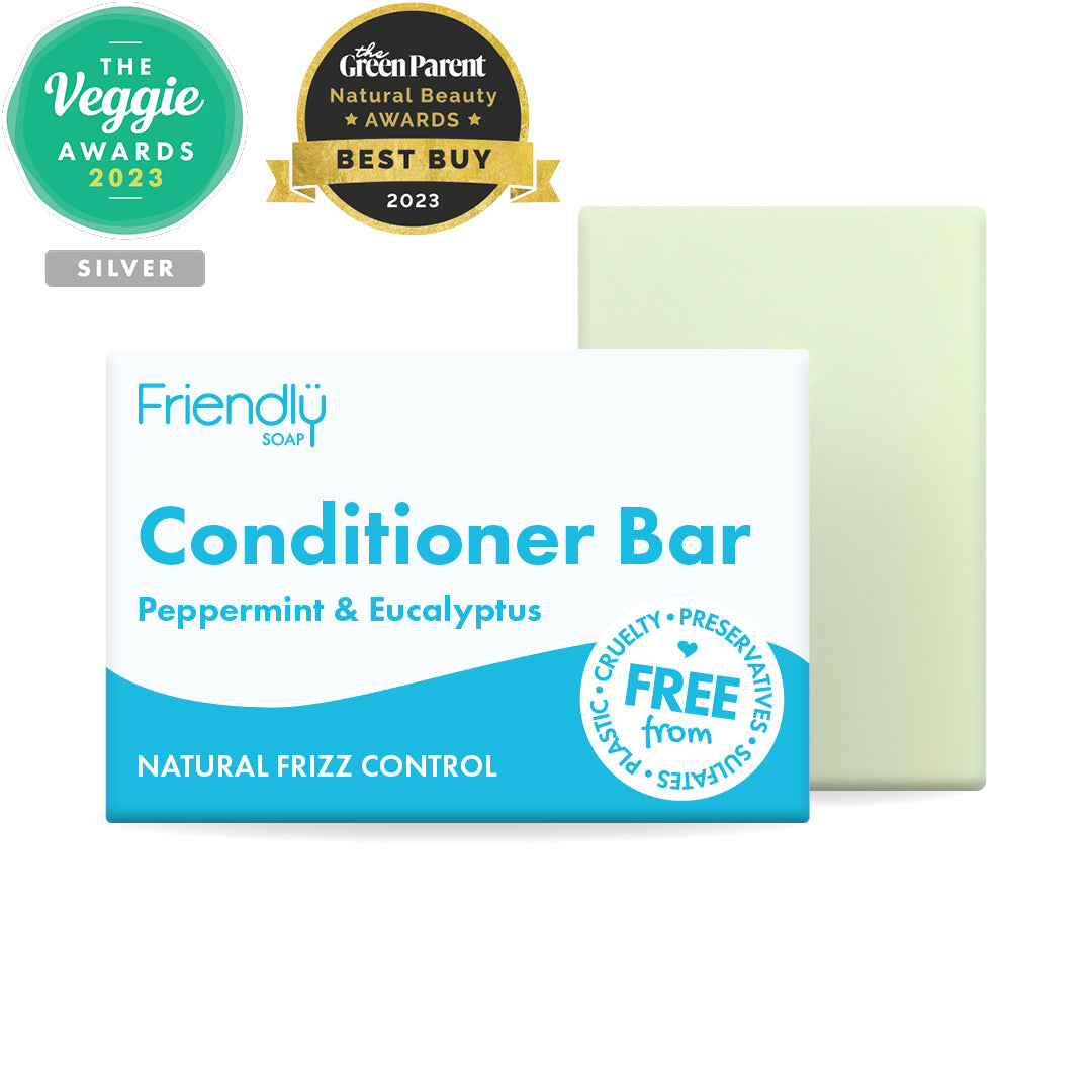 Friendly Soap Conditioner Bar - Peppermint & Eucalyptus with two award logos