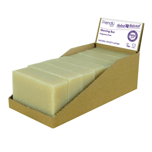 Box of Naked & Ntural Fragrance Free Shaving Bars with a Friendly Soap label on a white background