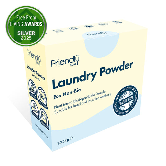 Box of Friendly Soap laundry powder with eco-friendly certification logos on a white background