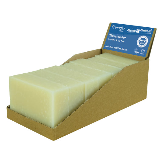 Box of Lavender & Tea Tree Friendly Shampoo Bars with a blue label on a white background