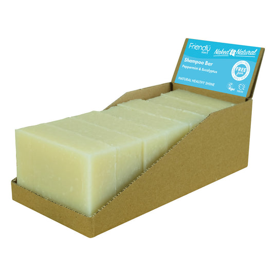 7 peppermint & eucalyptus shampoo bars in cardboard container with a 'Naked & Natural' label on a white background
