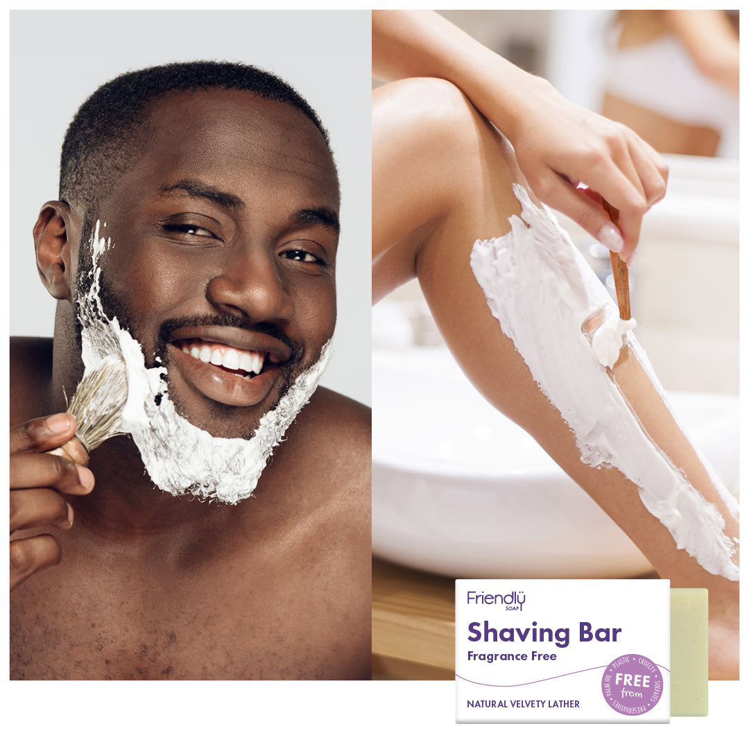 split picture showing a woman shaving her legs and a man shaving his chin