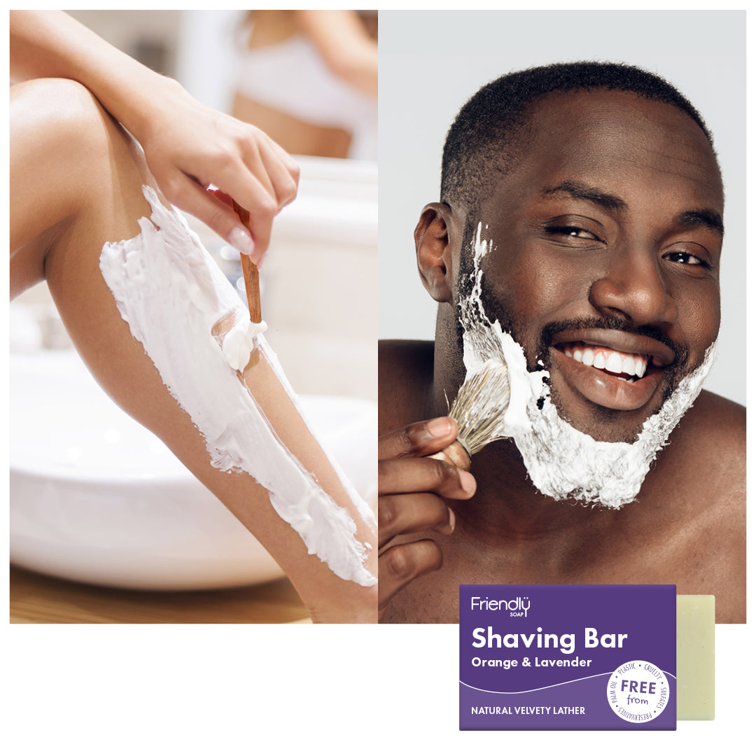 split picture shows a woman shaving her legs and a man shaving his chin - friendly soap shaving bar orange and lavender