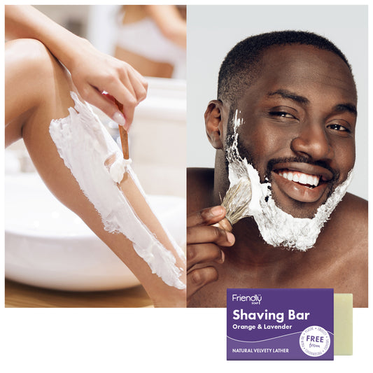 split picture shows a woman shaving her legs and a man shaving his chin - friendly soap shaving bar orange and lavender