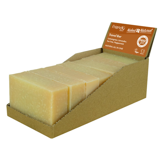 Seven bars of travel soap in a cardboard holder with a 'Naked & Natural' label on a white background.