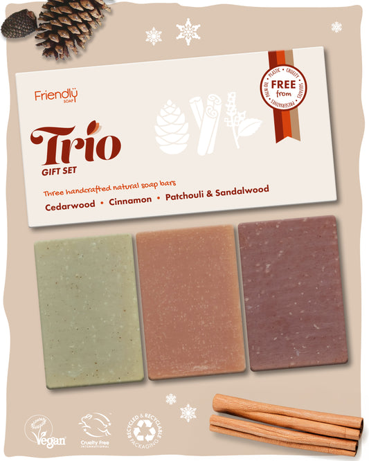 friendly soap - natural soap trio gift set surrounded by pine cones and cinnamon sticks