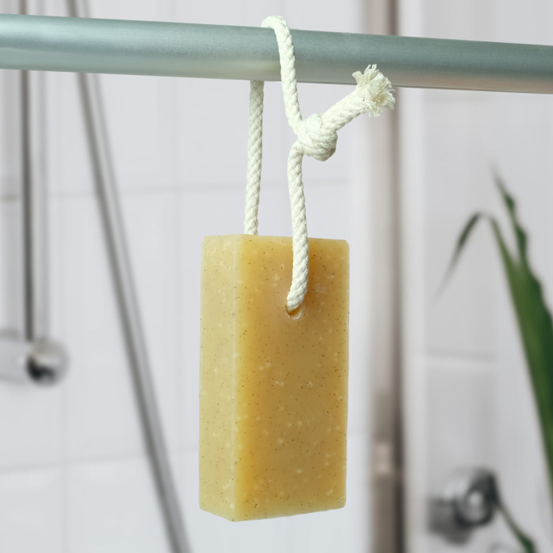 lemongrass - friendly soap on a rope hanging up in shower room