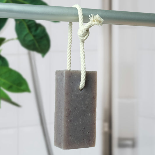 patchouli & sandalwood - friendly soap on a rope hanging up in shower room