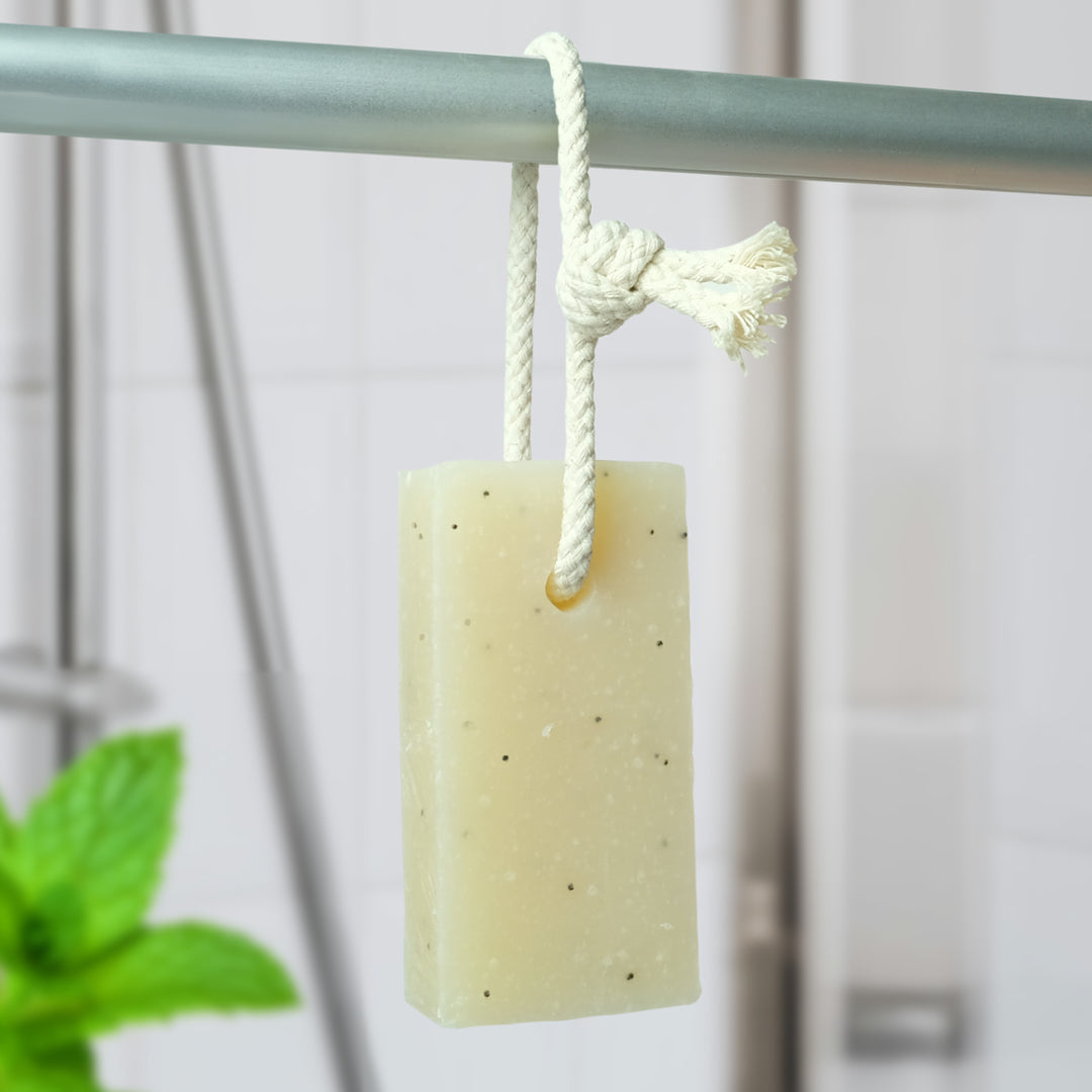 peppermint & poppy seeds - friendly soap on a rope hanging up in shower room