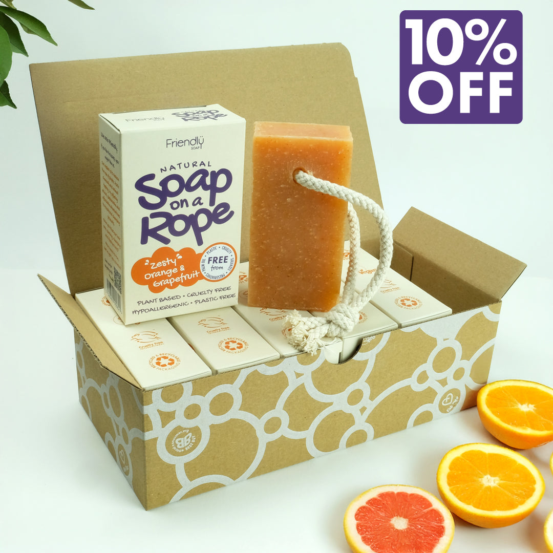 box containing 6 orange and grapefruit natural soap on a rope bars and a 10% OFF flash