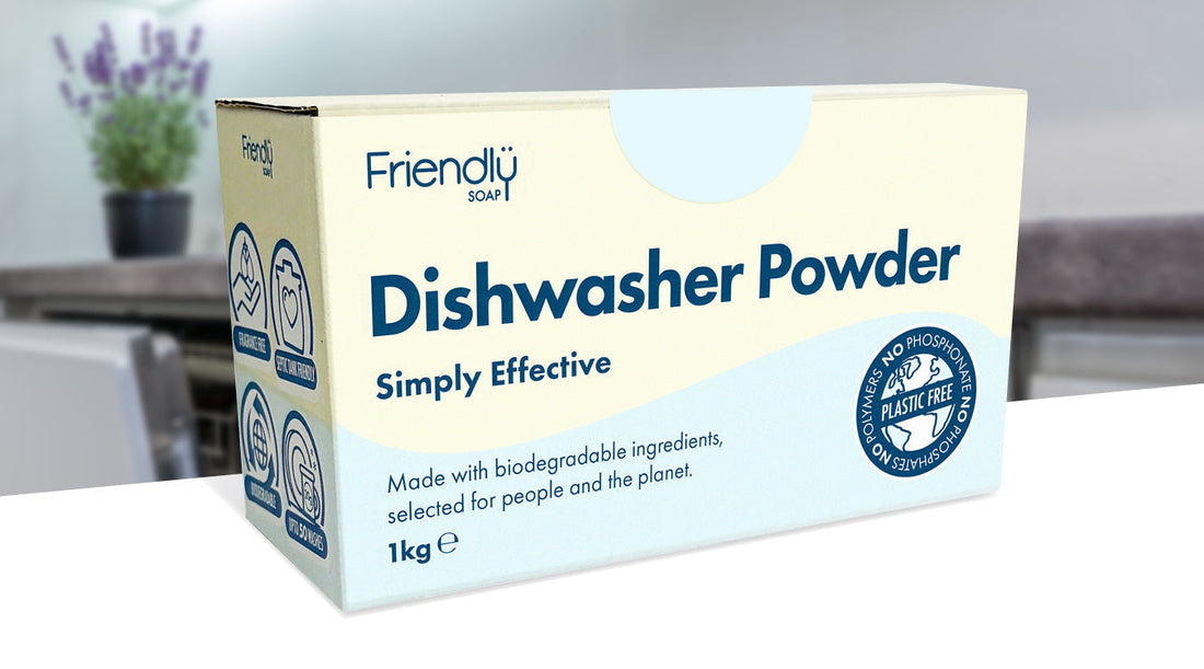 Friendly Soap Dishwasher Powder Box in Kitchen with lavender plant