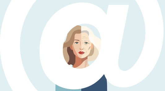 @ symbol containing an illustration of a woman with an artificial beauty filter on one side of her face