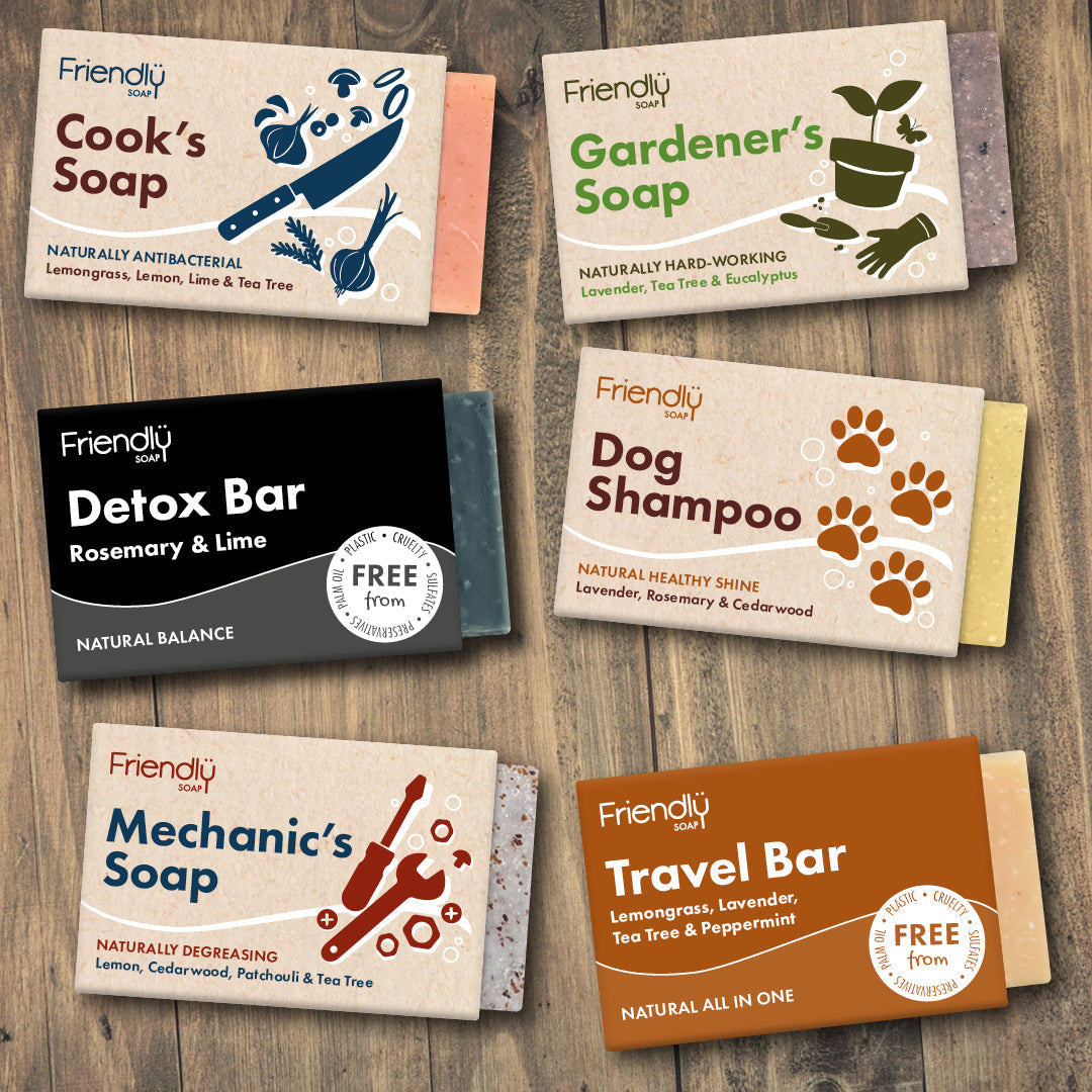 friendly soap lay flat image of 6 bars from the lifestyle collection including travel bar, detox bar, mechanic's soap and gardener's soap