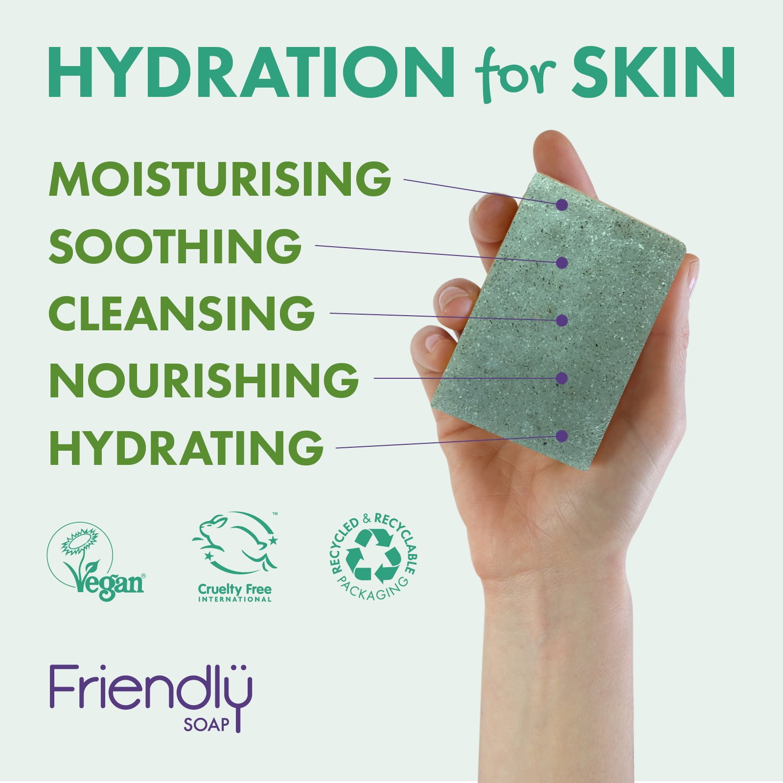 A hand holds a green textured soap bar against a pale mint background with text reading 'HYDRATION for SKIN' and feature callouts: moisturising, soothing, cleansing, nourishing, hydrating. Logos for Vegan, Cruelty Free International, and recycled packaging are shown, with Friendly Soap branding at the bottom.