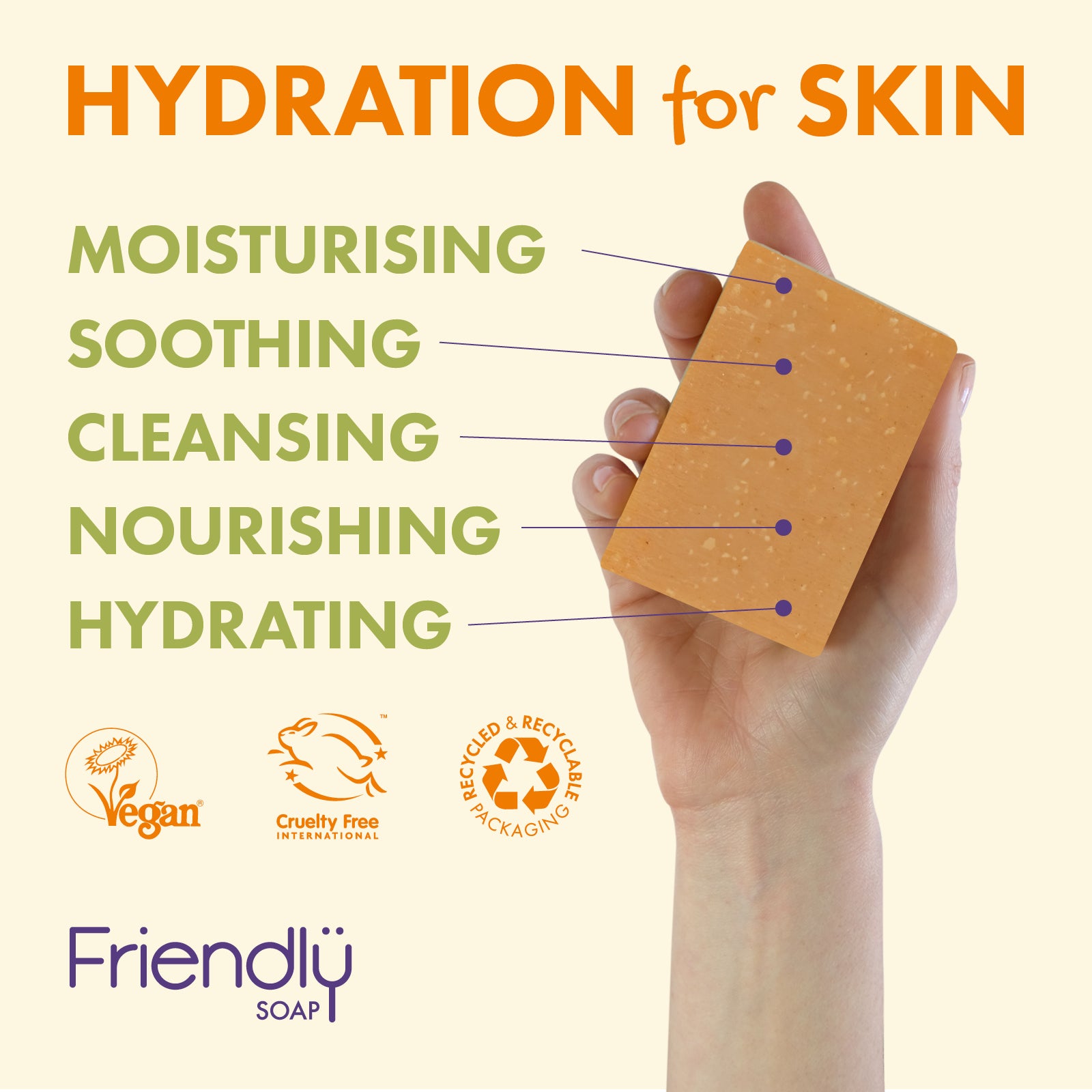 A hand holding a rectangular bar of Friendly Soap hydration bar soap against a light cream background, with text listing benefits: moisturising, soothing, cleansing, nourishing, hydrating. Vegan and cruelty-free logos are shown at the bottom.