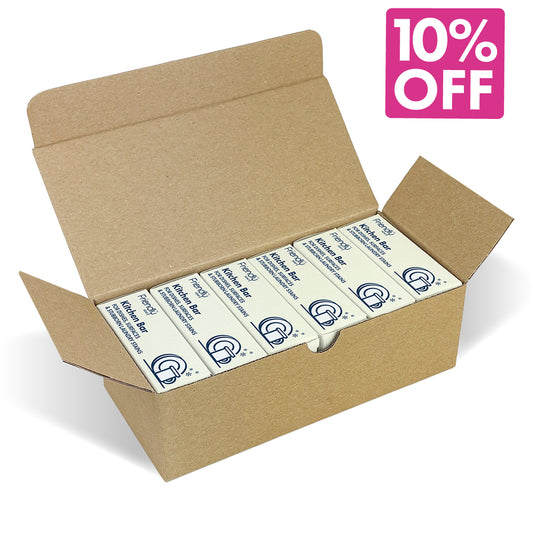 An open brown cardboard box containing six kitchen bars. A pink corner badge reads '10% OFF'.