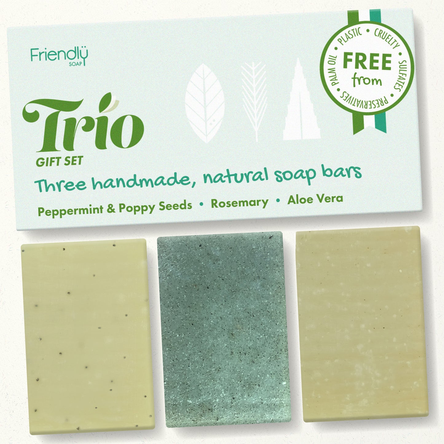 A gift set of three handmade natural soap bars from Friendly Soap, labeled 'Trio'. The set includes Peppermint & Poppy Seeds, Rosemary, and Aloe Vera bars.