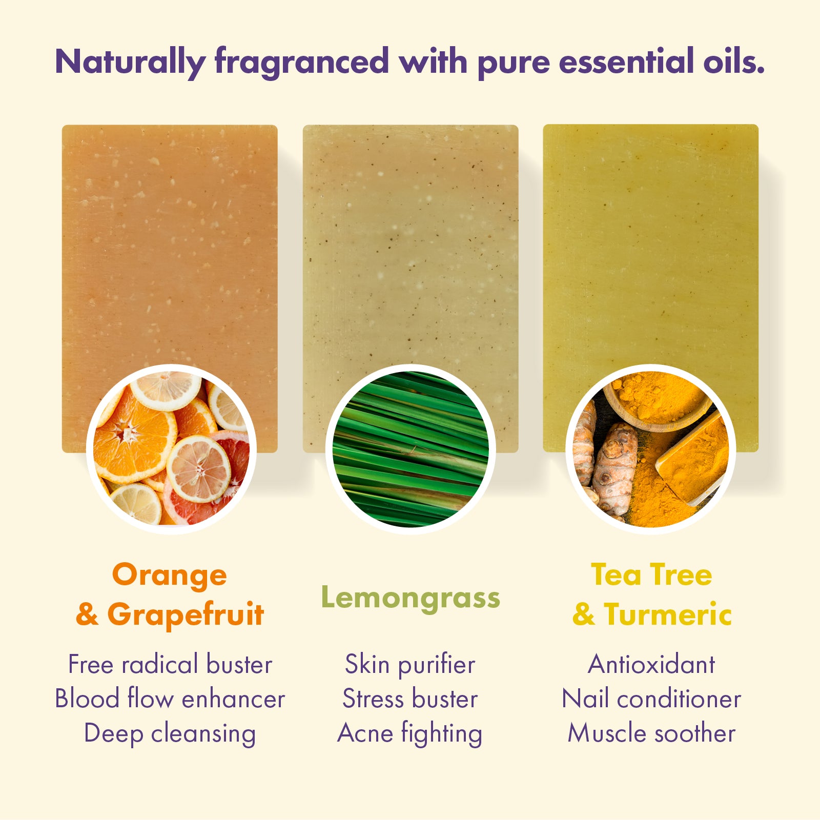 Three rectangular bath or body bars are shown on a light cream background with text describing scent and benefits. The left bar is orange-peel colored and labeled Orange & Grapefruit; the center bar is pale greenish-beige and labeled Lemongrass; the right bar is yellow-green and labeled Tea Tree & Turmeric.