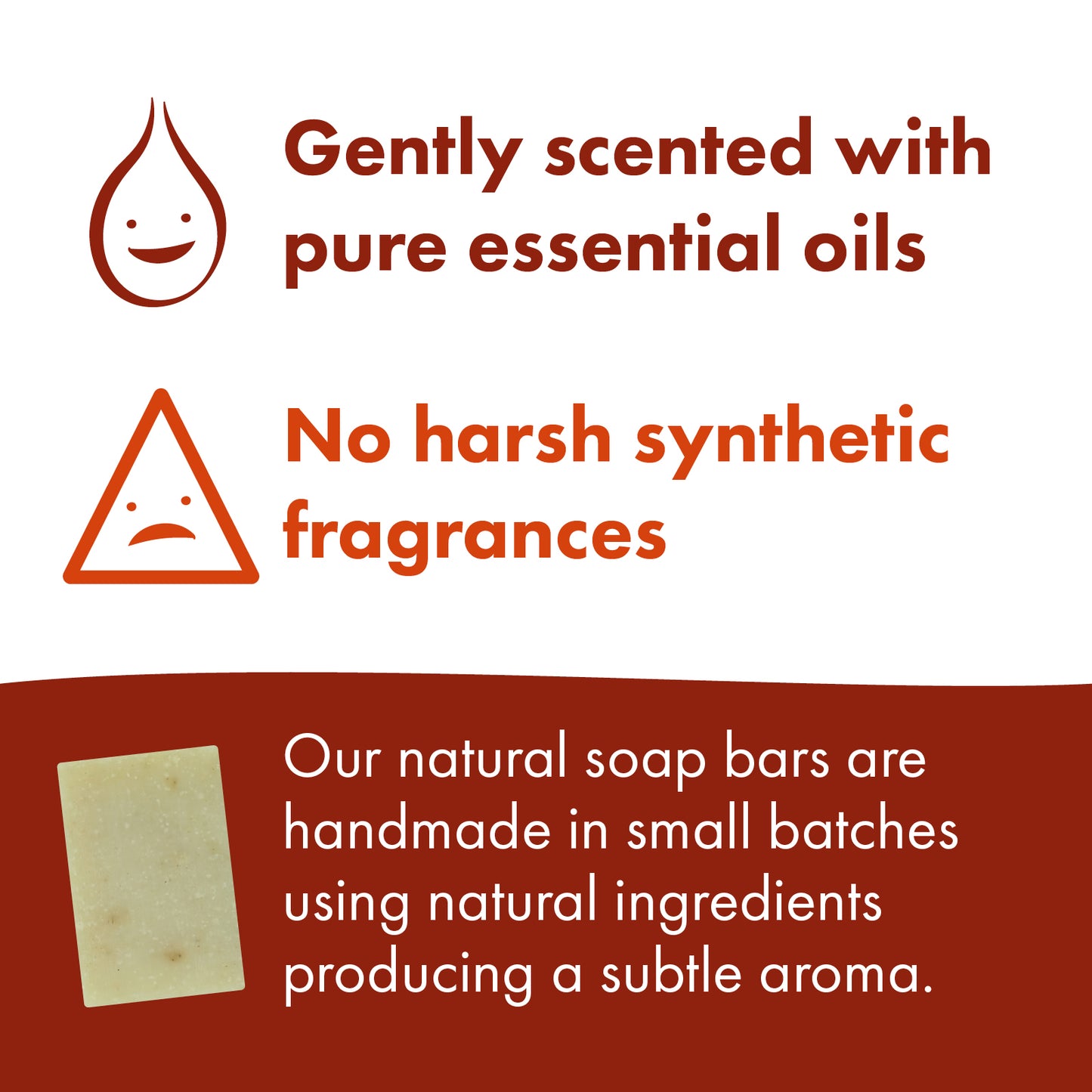Informational graphic for a natural soap bar, featuring text that says 'Gently scented with pure essential oils' and 'No harsh synthetic fragrances' with corresponding icons, plus a photo of a small natural soap bar on a white and dark red background.
