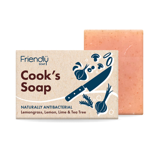 Cook's Soap bar with packaging featuring a knife and herbs illustration on a white background