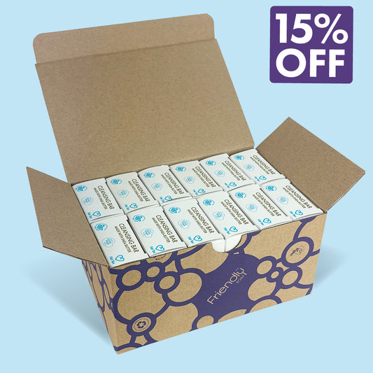 An open brown cardboard box filled with 12 Eucalyptus '15% OFF' badge in the top right. The box has a blue bubble pattern and the brand name 'Friendly Soap' is visible on the front.