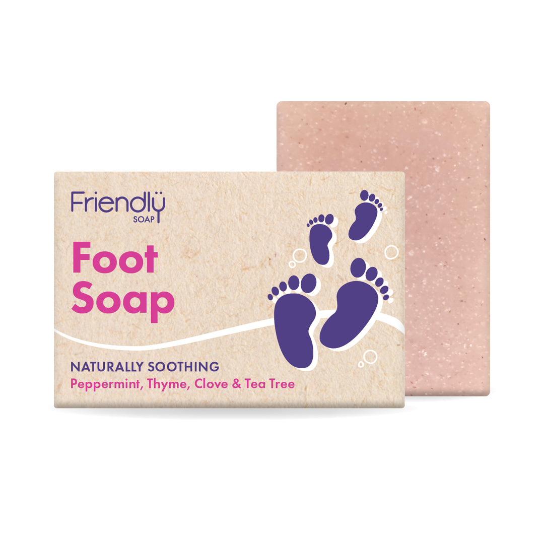 Foot soap bar with packaging featuring 'Friendly Soap' branding on a white background.