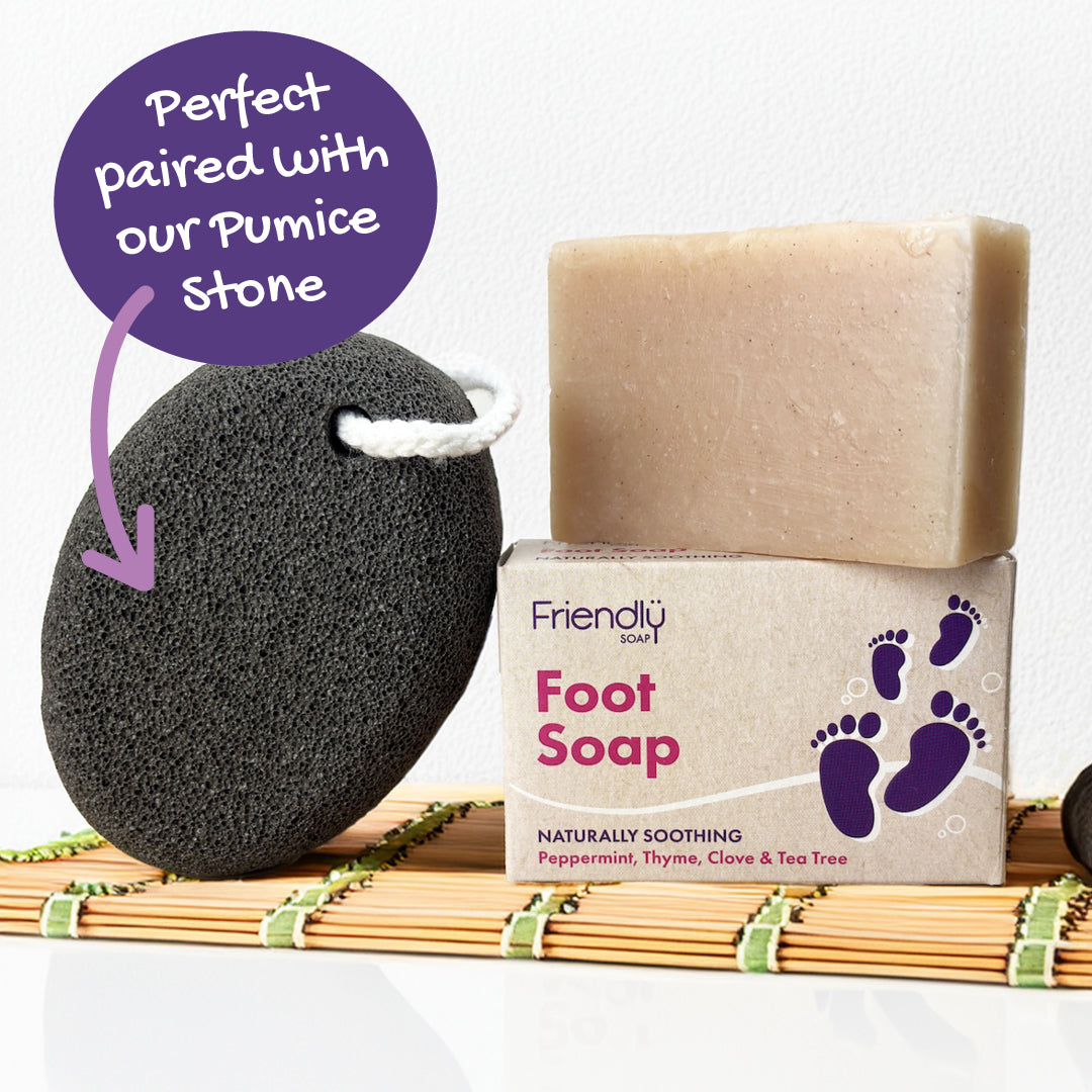 pumice stone with friendly foot soap in a spa environmne twith text - perfect paired with pumice stone