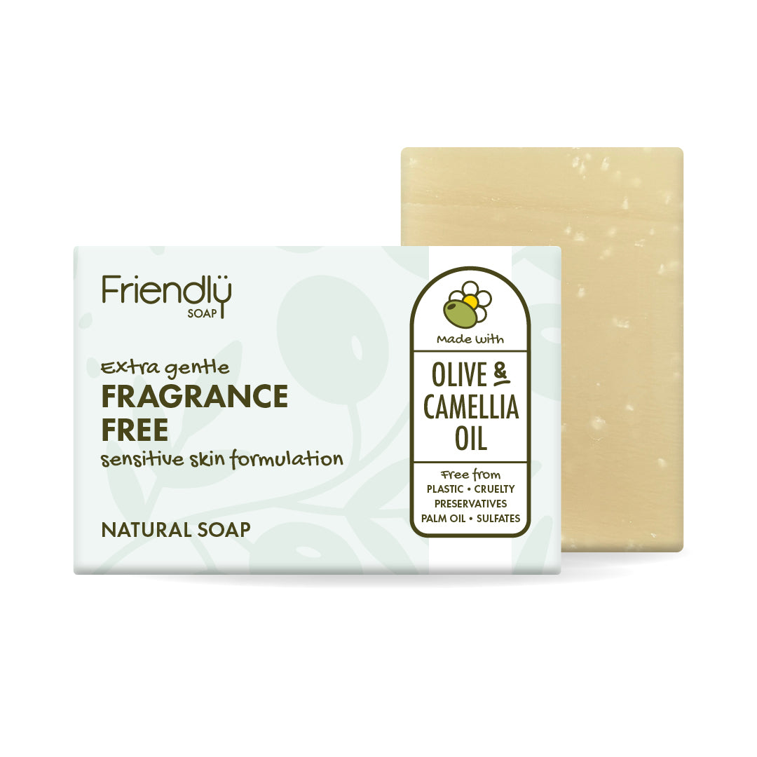 A bar of fragrance free Friendly olive oil Soap with its packaging box, featuring olive and camellia oil, shown on a clean white background.