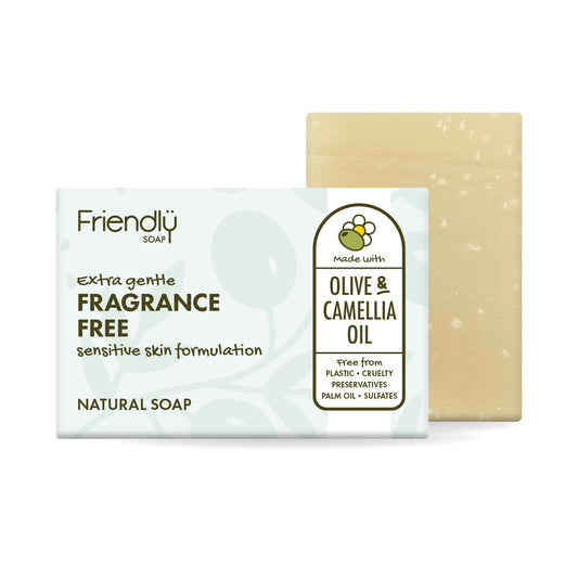 A bar of fragrance free Friendly olive oil Soap with its packaging box, featuring olive and camellia oil, shown on a clean white background.