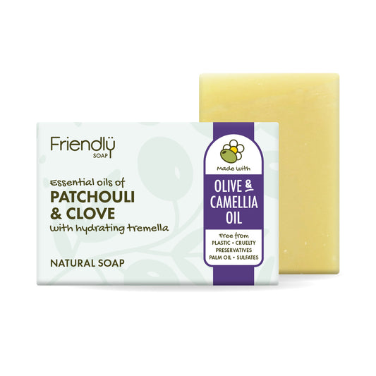 friendly soap patchouli & clove bar with packaging on a white ackground