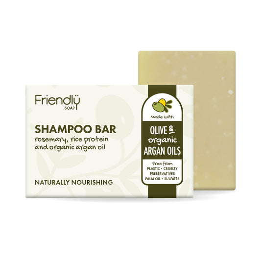 a friendly soap shampoo bar with rosemary, rice protein and organic argan oil with packaging on a white background