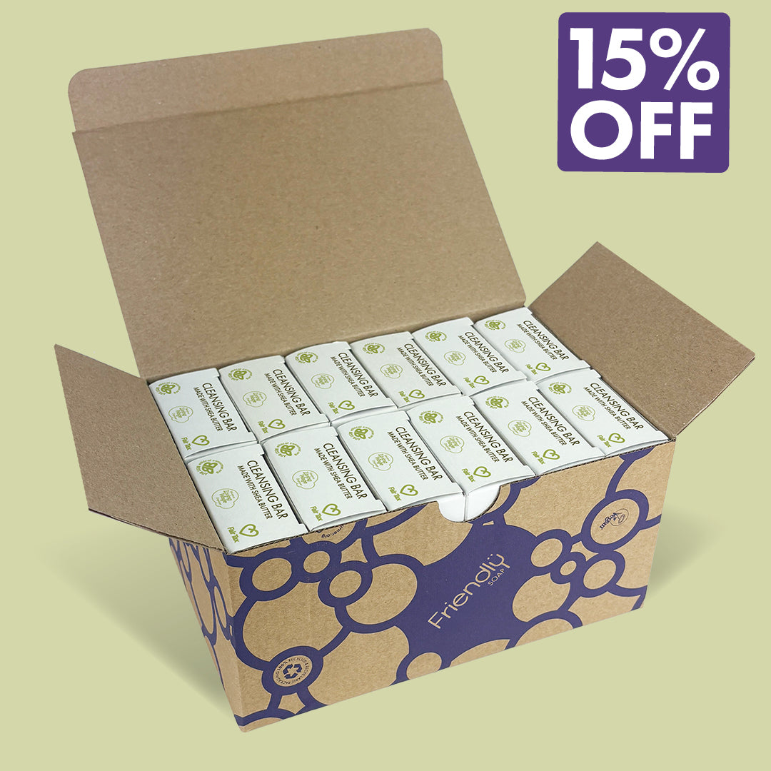 An open brown cardboard box filled with 12 lemongrass cleansing bars 15% OFF