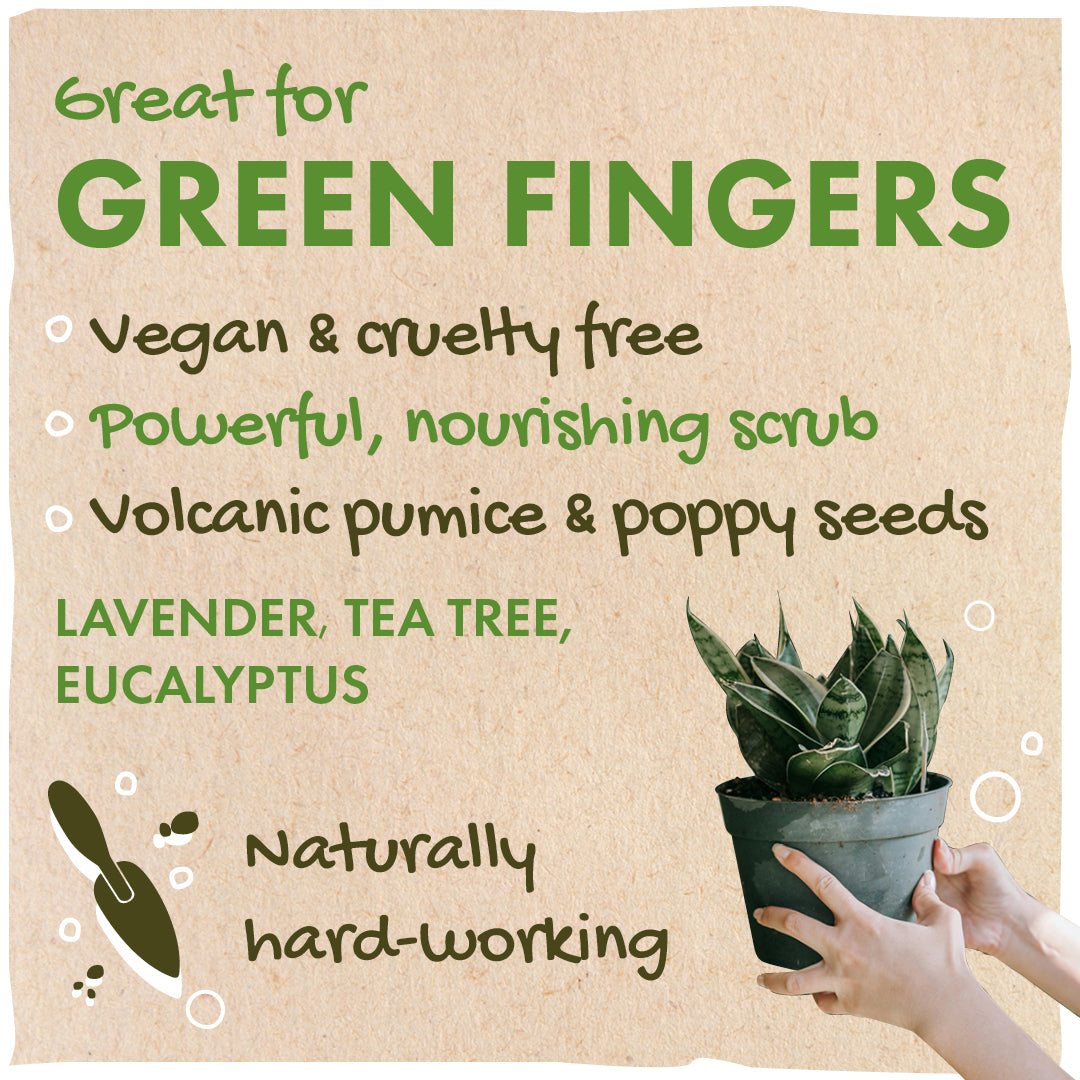 Great for green fingers. Friendly soap - gardeners soap bar - vegan - powerful, nourishing scrub, vocanic pumice and poppy seeds - Naturally hardworking