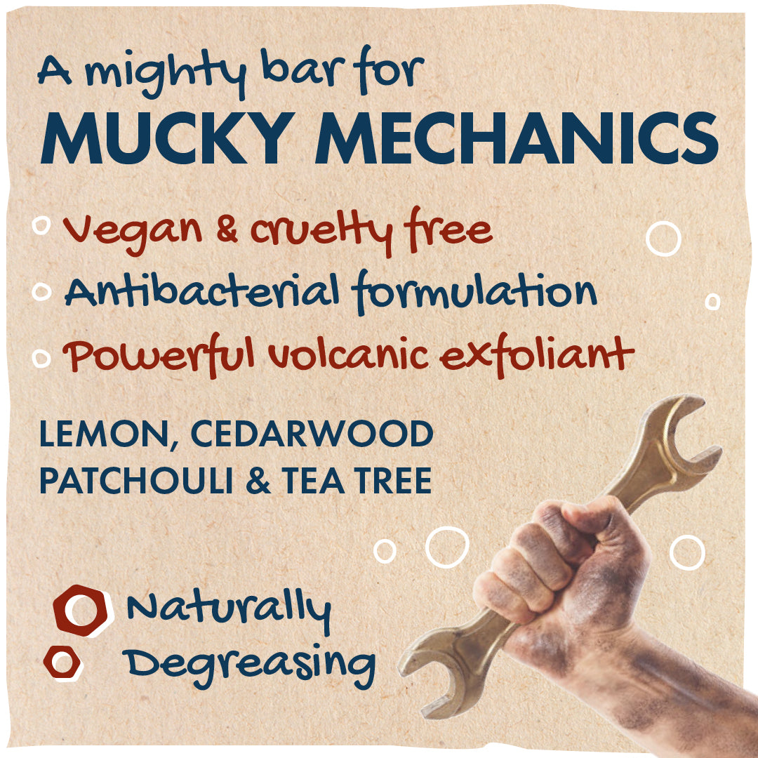 A mighty bar for mucky mechanics - vegan - antibacterial formulation - powerful volcanic exfoliant - lemon, cedarwood, patchouli and tea tree