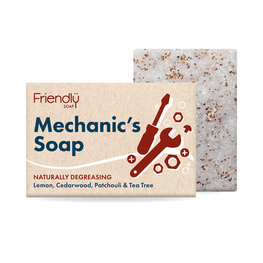 Mechanic's soap bar with packaging featuring 'Friendly Soap' branding on a white background.
