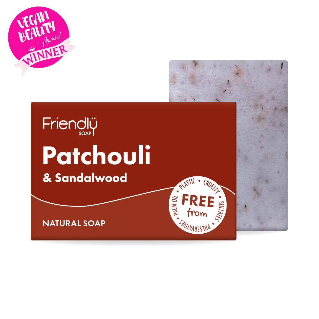 Friendly Soap Patchouli & Sandalwood natural soap with packaging on a white background