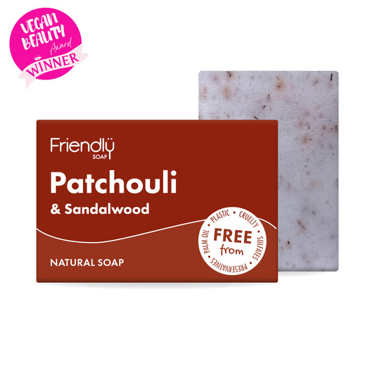 Friendly Soap Patchouli & Sandalwood natural soap with packaging on a white background