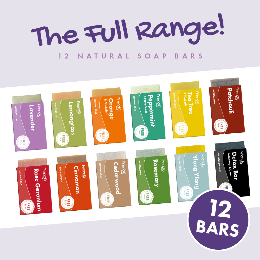 Promotional graphic showing a range of 12 natural soap bars by Friendly Soap on a light lavender background.