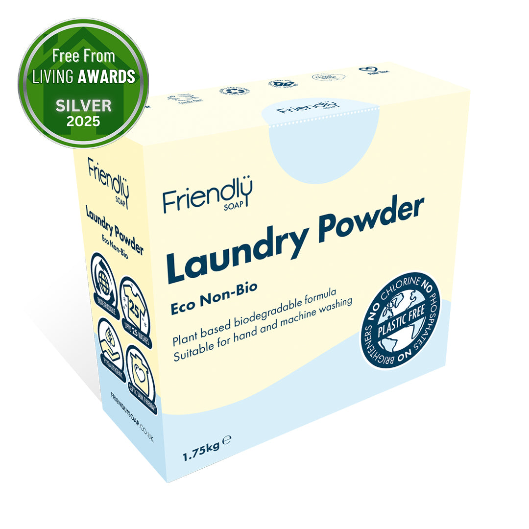 Box of Friendly Soap laundry powder with eco-friendly certification logos on a white background