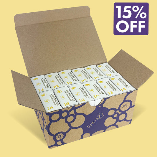 An open brown cardboard box filled with 12 rosemary cleansing bars A purple '15% OFF' badge appears in the top-right corner.