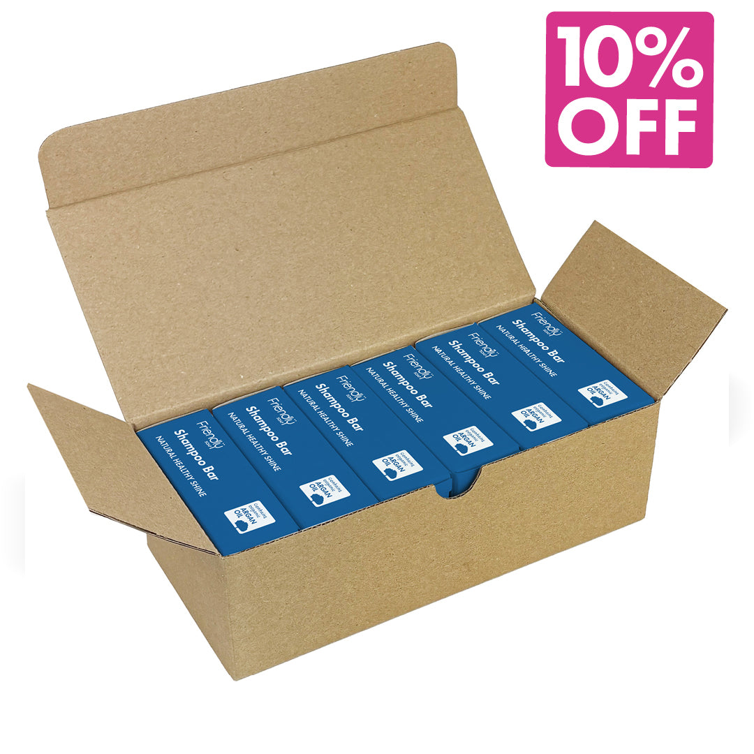 An open brown cardboard shipping box containing five blue boxes of 'Lavender & Tea Tree Shampoo Bar, with a pink '10% OFF' promotional sticker in the top right corner.
