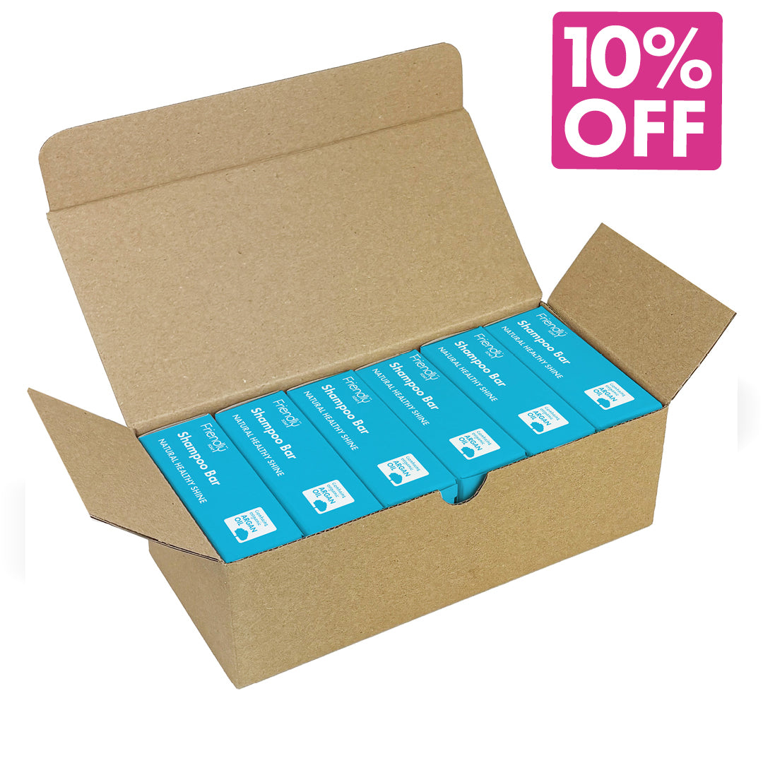 An open brown cardboard shipping box containing 6 peppermint & eucalyptus shampoo bars and a pink '10% OFF' promotional badge in the top right corner.