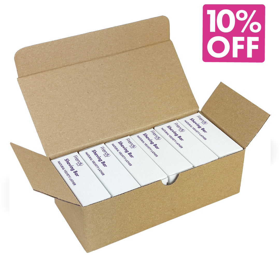 An open brown cardboard box containing several white rectangular boxes labeled 'Shaving Bar' with a pink '10% OFF' promotional badge in the top right corner.
