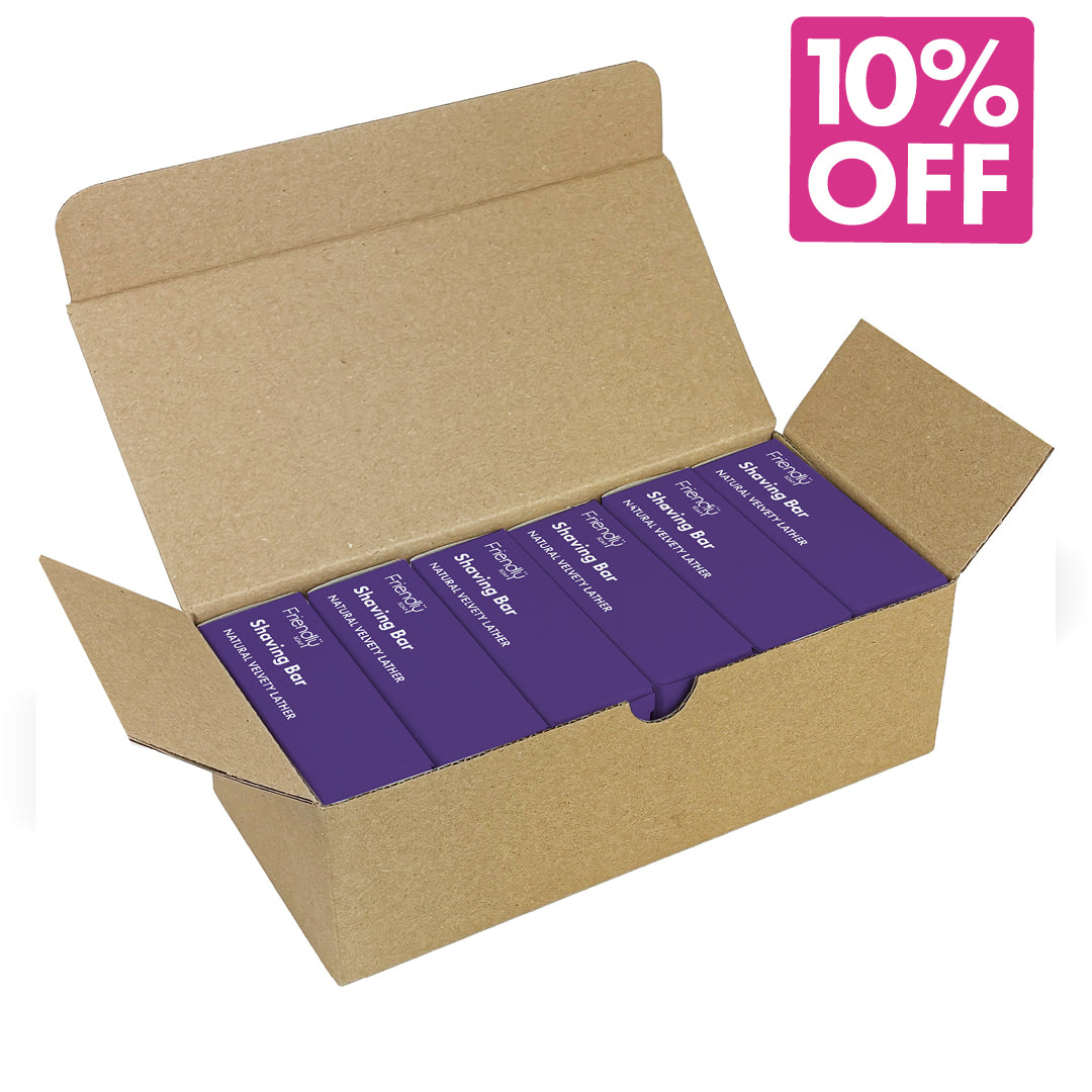 An open brown cardboard box containing several purple rectangular shampoo bar boxes labeled 'Shampoo Bar'. A pink promotional badge in the top right corner reads '10% OFF'. 