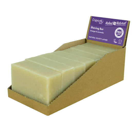 Display of shaving bars in a cardboard holder with a purple label on a white background
