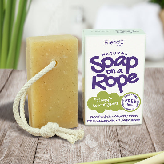 friendly soap on a rope lemongrass on a table in the bathroom