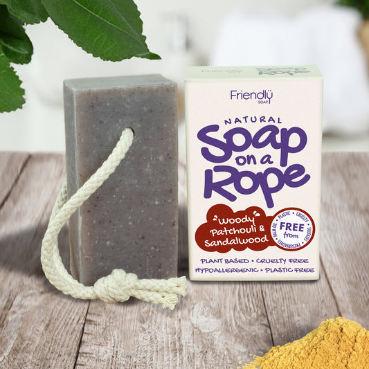 friendly soap on a rope patchouli & sandalwood on a table in the bathroom