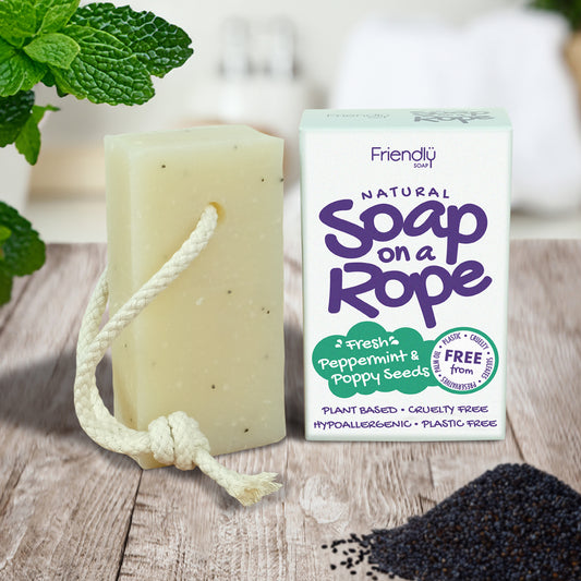 friendly soap on a rope peppermint & poppy seeds on a table in the bathroom